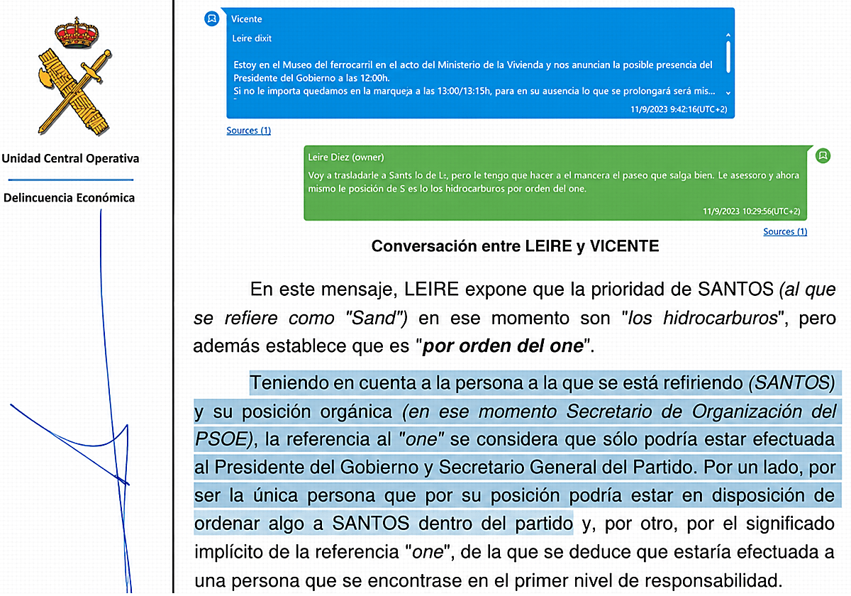 La UCO revela que el «one» mencionado por las 'cloacas' solo puede ser Pedro Sánchez