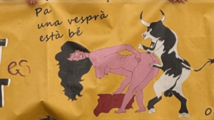 Sagunto: Polémica por cartel de peña taurina que retrata a un toro sometiendo a una mujer