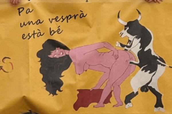 Sagunto: Polémica por cartel de peña taurina que retrata a un toro sometiendo a una mujer